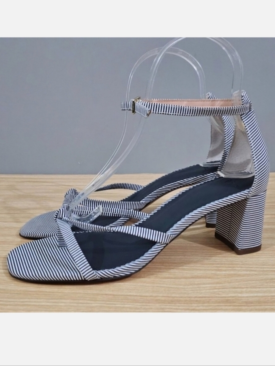 J Crew Sandal Cross Strap Block Heel Blue White Stripe Shoe Womens Size 7